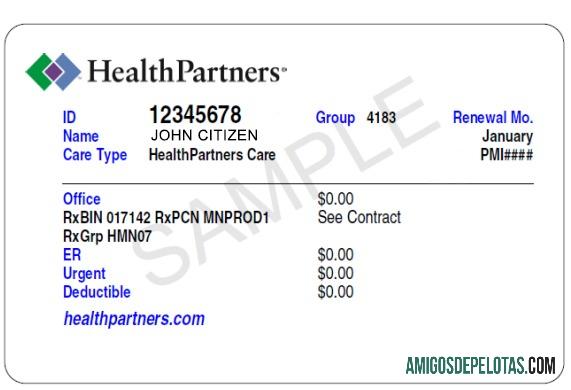 Cartão de seguro saúde USA HealthPartners exemplo